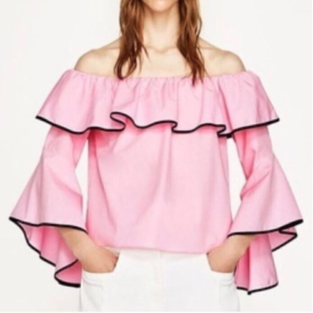 Zara Top Womens Medium Off the Shoulder Ruffle Bell Sleeve Cropped Pink Boho